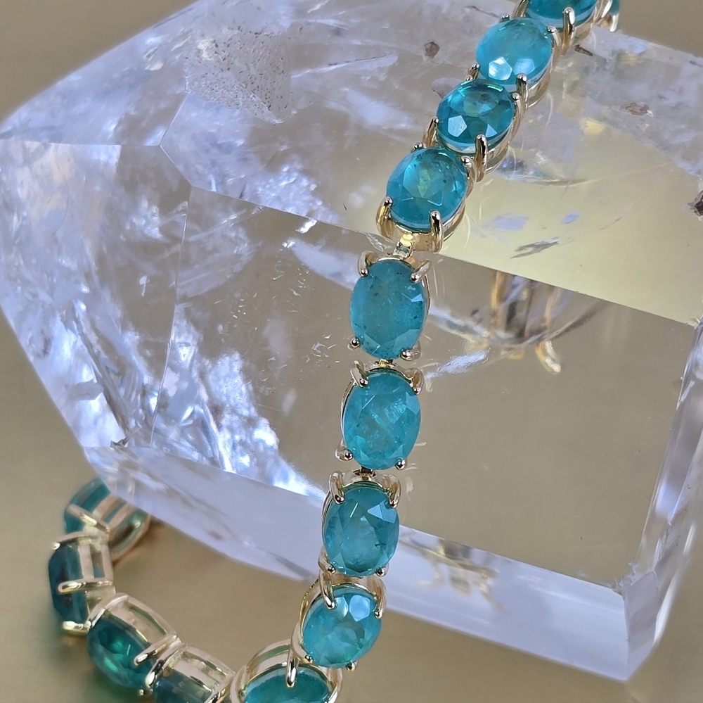 925 Sterling Silver Bracelet 7" with Natural Paraiba Doublet Quartz Gems 6x8mm